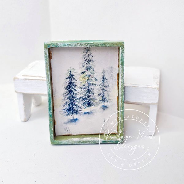 Winter Pines No.1:3 Dollhouse Miniature Handmade Wooden Framed Art image 4