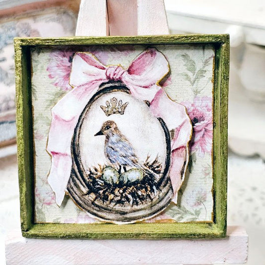 Bird Nest Green Eggs No.1 Dollhouse Miniature Handmade Framed Art image 1