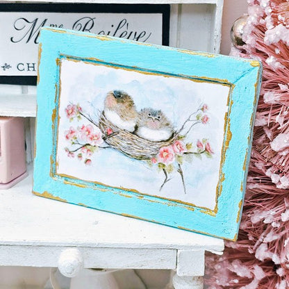 Bird Nest Roses No.5:2 Dollhouse Miniature Handmade Wooden Framed Art image 5