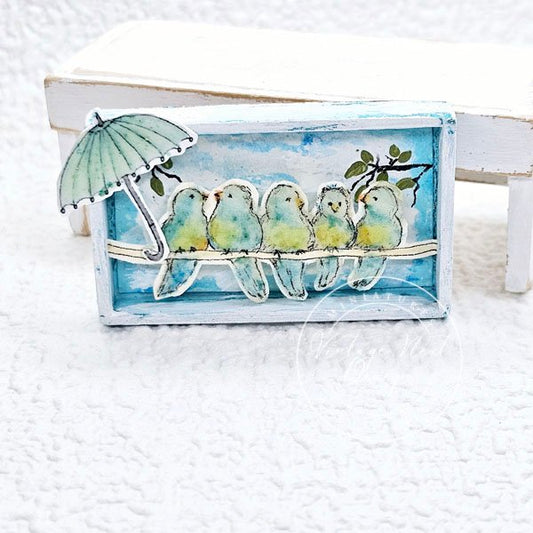 Birds on a Wire No.1:2 Dollhouse Miniature Handmade Wooden Framed Art image 1