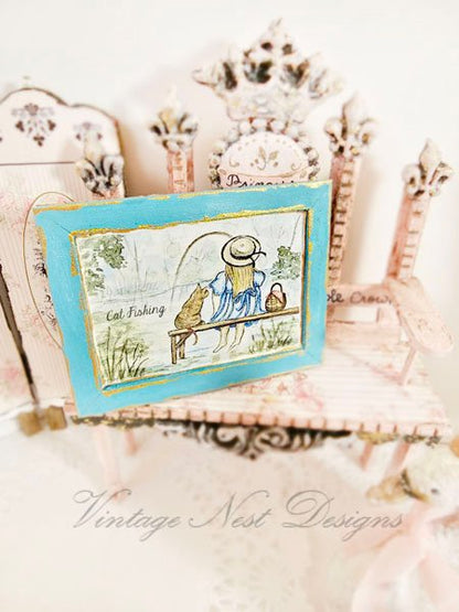 Cat Fishing No.1:3 Dollhouse Miniature Handamade Wooden Framed Art image 2