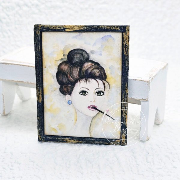 Audrey Hepburn No.1:3 Dollhouse Miniature Handmade Wooden Framed Art image 2