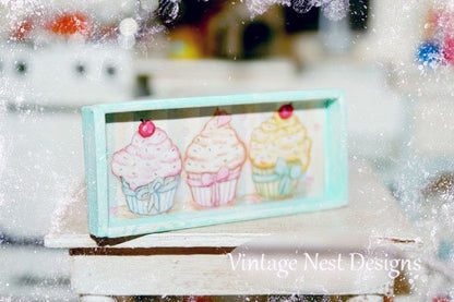 Three Cupcakes No.4:5 Dollhouse Miniature Handmade Wooden Framed Art image 3