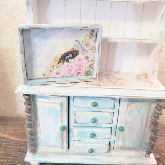 Bird Nest Roses No.1:1 Dollhouse Miniature Handmade Wooden Framed Art image 1