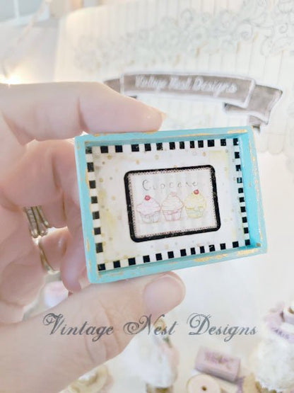 Bon Appetit Cupcake No.1:1 Dollhouse Miniature Handmade Wooden Framed Art image 4