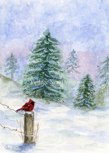 Winter Cardinal No.1 Digital Prints Watercolor Painting image 0
