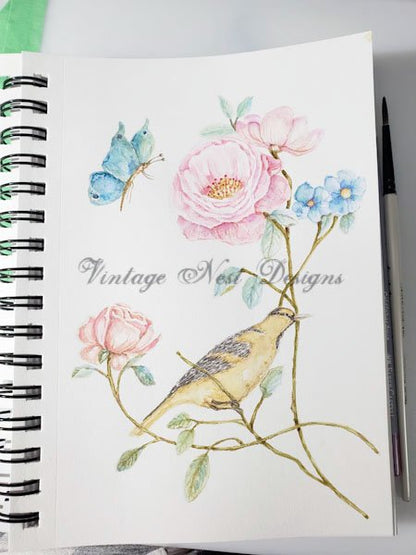 Bird Nest Roses No.5:1 Digital Prints Watercolor Painting image 3