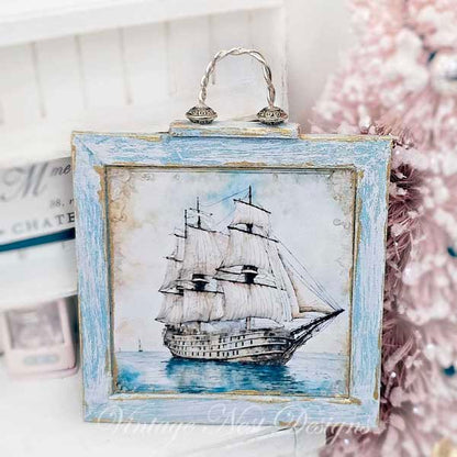 Ship Sailing Away No.1:1 Dollhouse Miniature Handmade Wooden Framed Art image 0