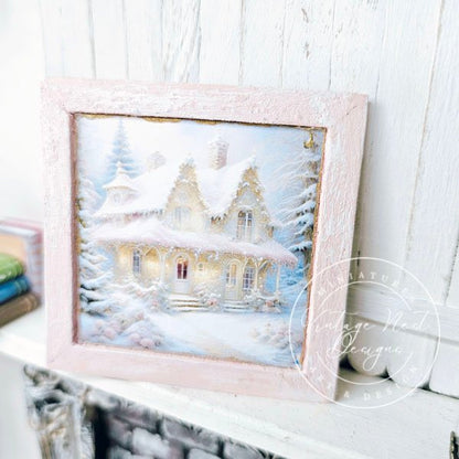 Christmas Cottage No.1:1 Dollhouse Miniature Handmade Wooden Framed Art image 5
