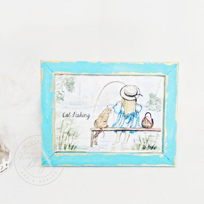 Cat Fishing No.1:3 Dollhouse Miniature Handamade Wooden Framed Art image 0