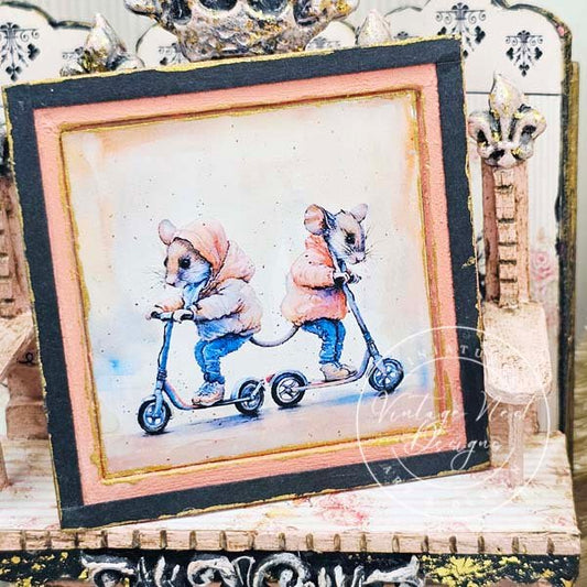 Nursery Mice No.1:1 Dollhouse Miniature Handmade Wooden Framed Art image 1