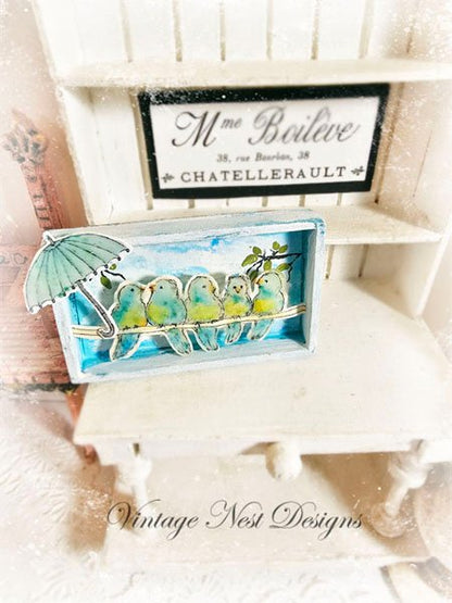 Birds on a Wire No.1:2 Dollhouse Miniature Handmade Wooden Framed Art image 3