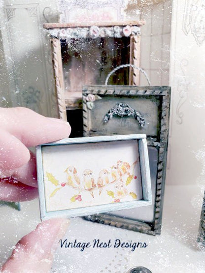 Bird on a Limb No.1:1 Dollhouse Miniature Handmade Wooden Framed Art image 1