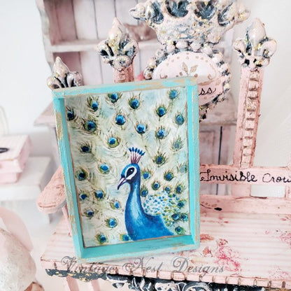 Peacock No.2:2 Dollhouse Miniature Handmade Wooden Framed Art image 0