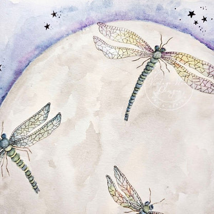 The moon and Dragonflies Fine Art Original Watercolor Painting image 5