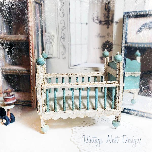 Baby Boy Blue Antique Style Crib No.4 Handmade Dollhouse Miniature image 1