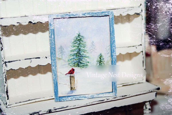 Winter Cardinal No.1:4 Dollhouse Miniature Handmade Wooden Framed Art image 0