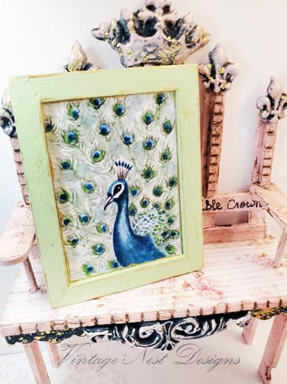 Peacock No.2:1 Dollhouse Miniature Handmade Wooden Framed Art image 0