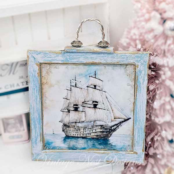 Ship Sailing Away No.1:1 Dollhouse Miniature Handmade Wooden Framed Art image 3