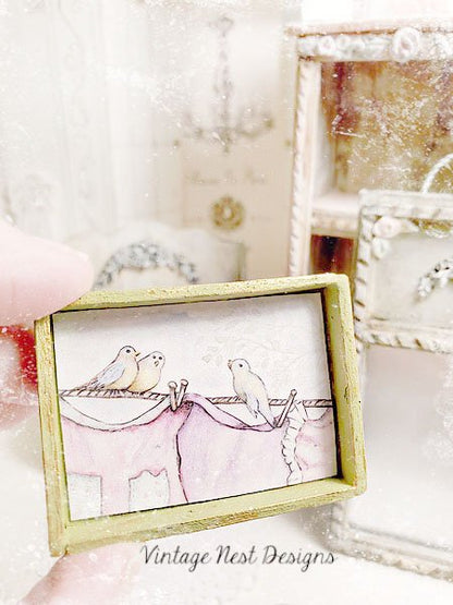 Laundry Birds No.1:1 Dollhouse Miniature Handmade Wooden Framed Art image 2