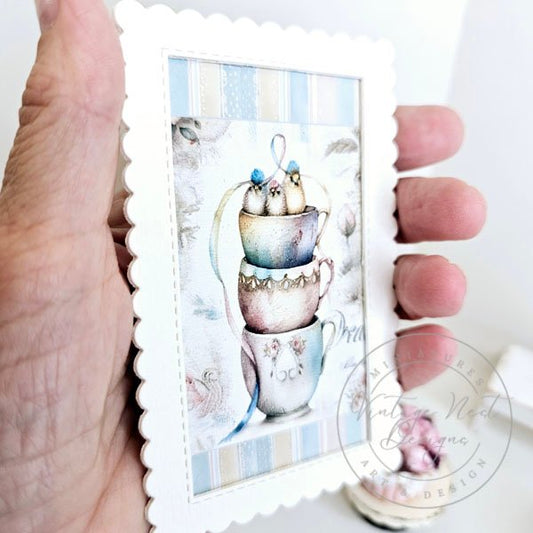 Cup of Birds No.1:1 Dollhouse Miniature Handmade Framed Art image 1