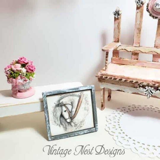 Andalusian Horse No.1:1 Dollhouse Miniature Handmade Wooden Framed Art image 1
