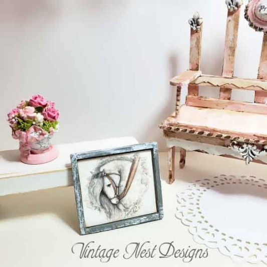 Andalusian Horse No.1:1 Dollhouse Miniature Handmade Wooden Framed Art image 1
