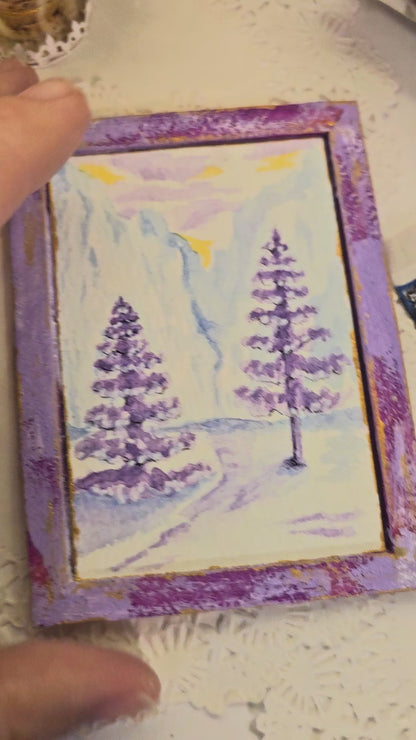 Miniature Winter Lavender Trees No.1:1 Handmade for Dollhouse Wooden Framed Original Art