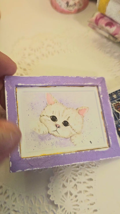 Miniature Kitten No.4-3 Lavender Frame Handmade for Dollhouse Diorama Shadow Box