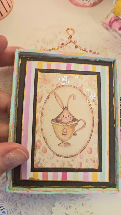 Miniature Bunny in Cup No.1:1 Handmade Framed Art for Dollhouse Diorama Shadow Box