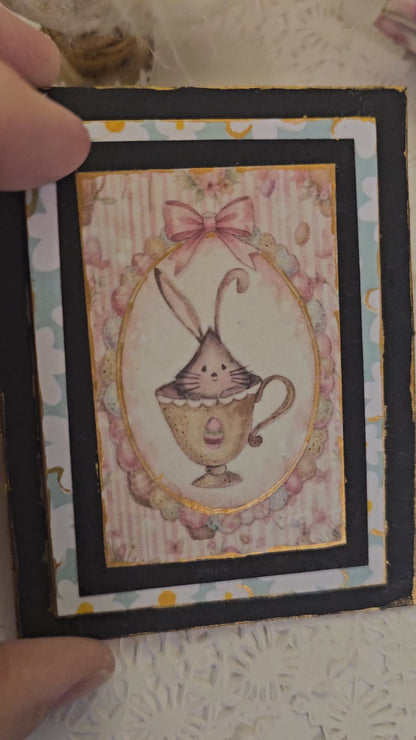 Miniature Bunny in Cup No.1:2 Handmade Framed Art for Dollhouse Diorama Shadow Box
