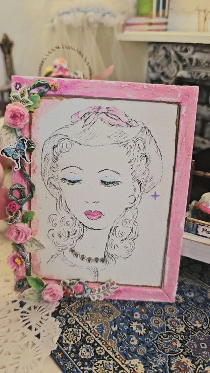 Miniature Hello Beautiful No.5 Handmade Framed Art for Dollhouse Diorama Shadow Box
