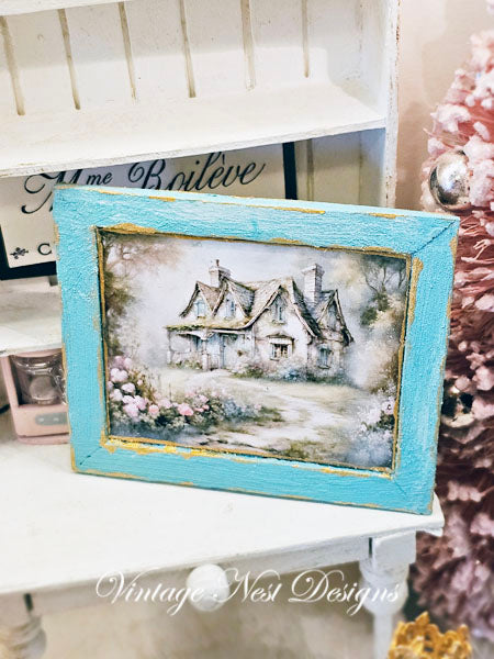 Miniature Cottage Farmhouse No.24 Handmade for Dollhouse Wooden Framed Art