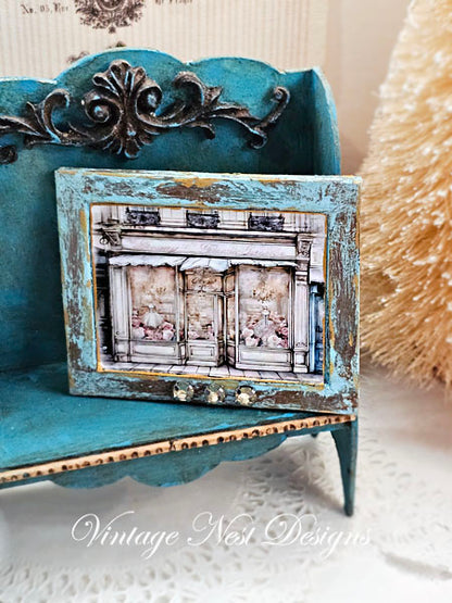 French Dress Shop No.5:1 Dollhouse Miniature Handmade Wooden Framed Art