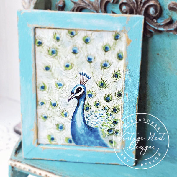 Miniature Peacock No.2:3 Handmade for Dollhouse Wooden Framed Art