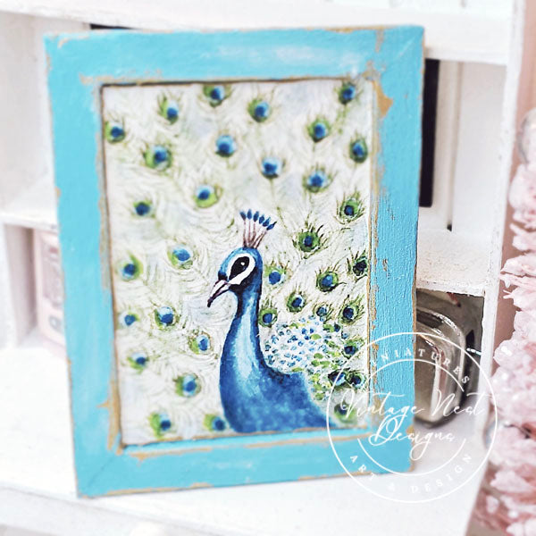 Miniature Peacock No.2:3 Handmade for Dollhouse Wooden Framed Art