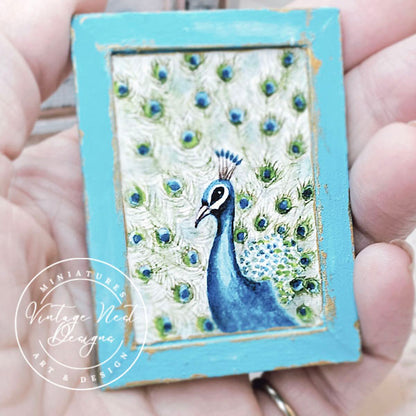 Miniature Peacock No.2:3 Handmade for Dollhouse Wooden Framed Art