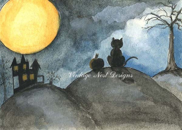 The Cat & the Moon No.1 Digital Print Watercolor Painting