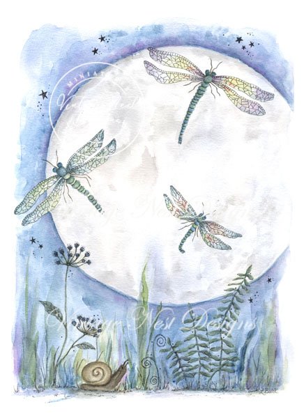 Original Watercolor Painting The moon and Dragonflies Fine Art