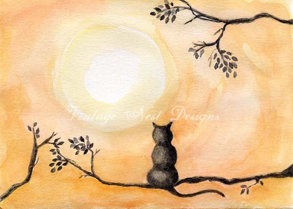 The Cat & the Moon No.2 Digital Print Watercolor Painting